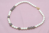 CFN543 9mm - 10mm potato white freshwater pearl & grey agate necklace