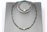 CFN635 4mm faceted round Indian agate & potato white freshwater pearl jewelry set