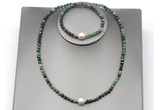 CFN645 4mm faceted round ruby zoisite & potato white freshwater pearl jewelry set