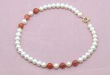 CFN737 9mm - 10mm potato white freshwater pearl & fire agate necklace