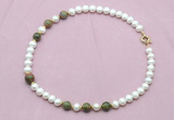 CFN745 9mm - 10mm potato white freshwater pearl & unakite necklace