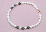CFN750 9mm - 10mm potato white freshwater pearl & snowflake obsidian necklace