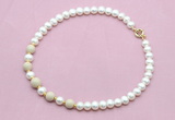 CFN753 9mm - 10mm potato white freshwater pearl & white fossil jasper necklace