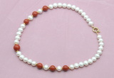 CFN755 9mm - 10mm potato white freshwater pearl & red jasper necklace