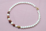 CFN757 9mm - 10mm potato white freshwater pearl & picasso jasper necklace