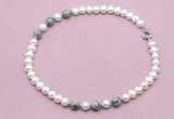 CFN760 9mm - 10mm potato white freshwater pearl & grey picture jasper necklace