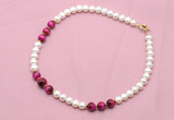 CFN767 9mm - 10mm potato white freshwater pearl & red tiger eye necklace