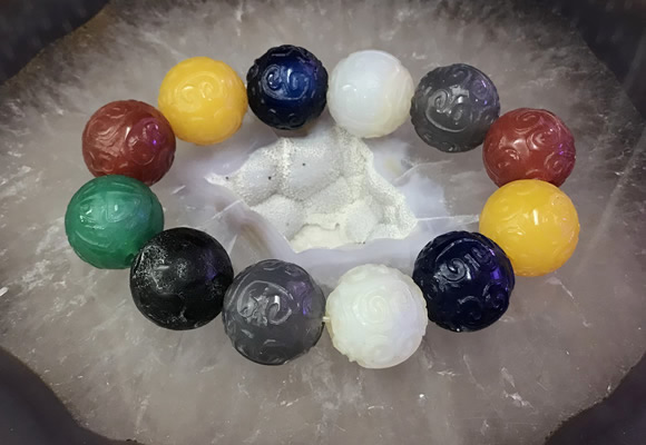 CGB3004 7.5 inches 20mm carved round mixed agate bracelet wholesale