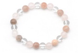 CGB8008 8mm white crystal, rose quartz & sunstone beaded stretchy bracelets