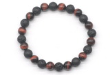 CGB8070 8mm grade AA red tiger eye & black lava beaded stretchy bracelets