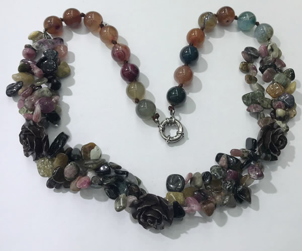 CGN376 19.5 inches round & chips mixed gemstone beaded necklaces