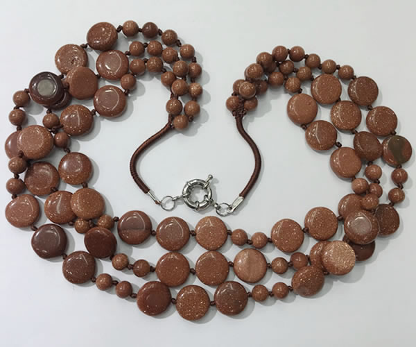 CGN800 23.5 inches stylish 3 rows round & coin goldstone necklaces