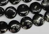 CJB158 15.5 inches 14mm flat round natural jet & pyrite gemstone beads
