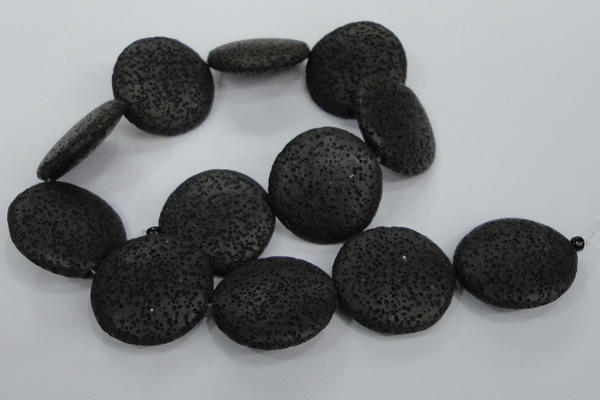 CLV51 15.5 inches 32mm flat round black natural lava beads wholesale