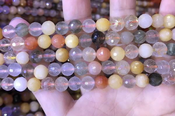CMQ437 15.5 inches 8mm faceted round mixed rutilated quartz beads