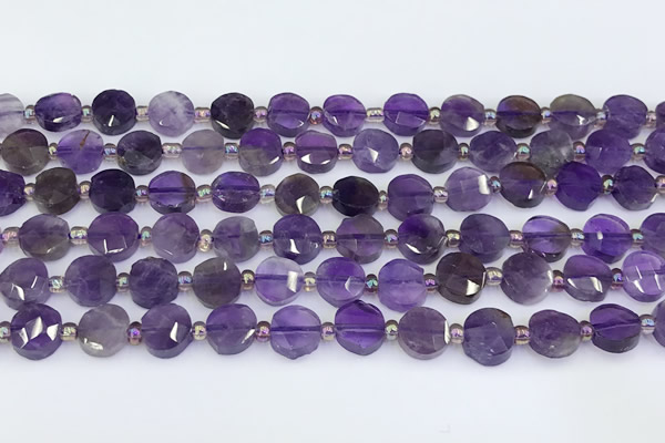 CNA1216 15.5 inches 8mm faceted coin amethyst gemstone beads