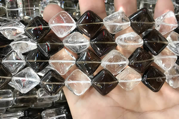 CNC825 15.5 inches 14*14mm diamond white crystal & smoky quartz beads