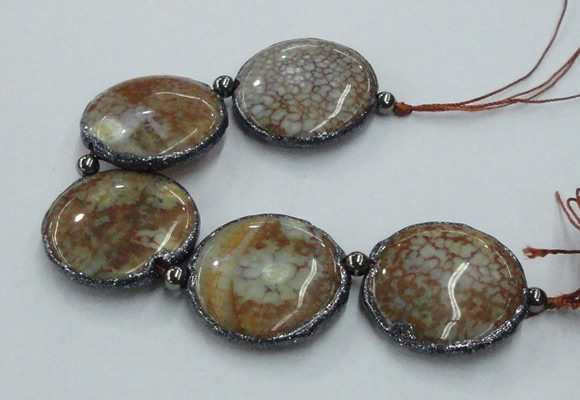 CNG2304 7.5 inches 35mm flat round agate beads with brass setting