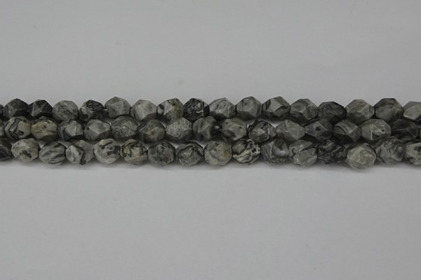 CNG6127 15.5 inches 8mm faceted nuggets grey picture jasper beads