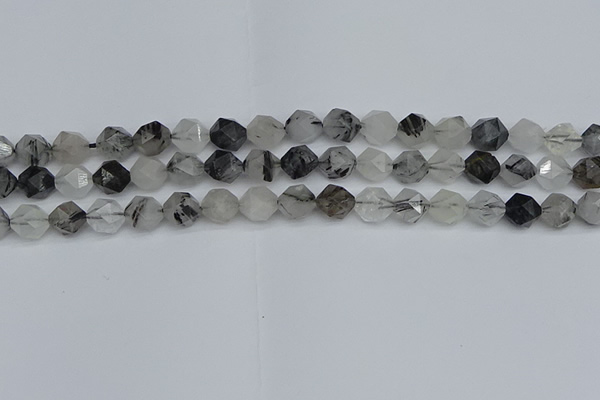 CNG7246 15.5 inches 8mm faceted nuggets black rutilated quartz beads