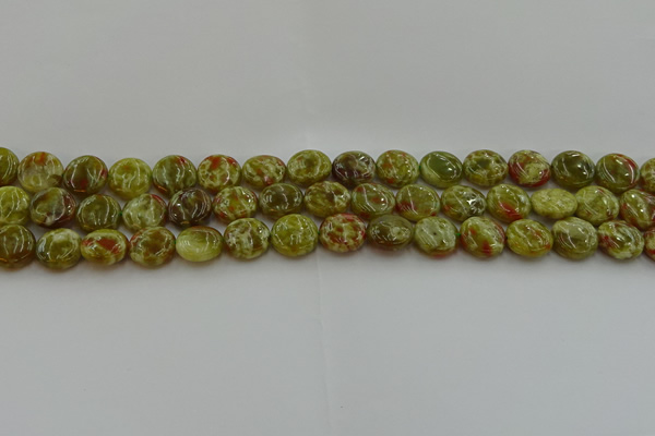 CNS622 15.5 inches 10mm flat round green dragon serpentine jasper beads