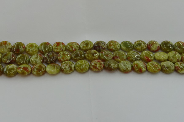 CNS623 15.5 inches 12mm flat round green dragon serpentine jasper beads