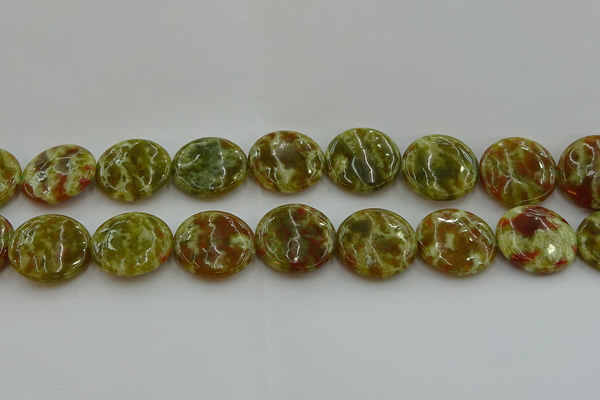 CNS627 15.5 inches 25mm flat round green dragon serpentine jasper beads