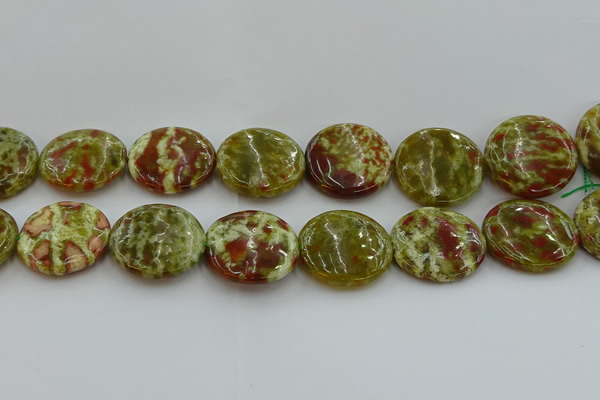 CNS628 15.5 inches 30mm flat round green dragon serpentine jasper beads