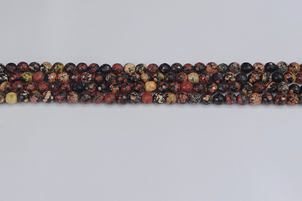 COB676 15.5 inches 4mm faceted round red snowflake obsidian beads