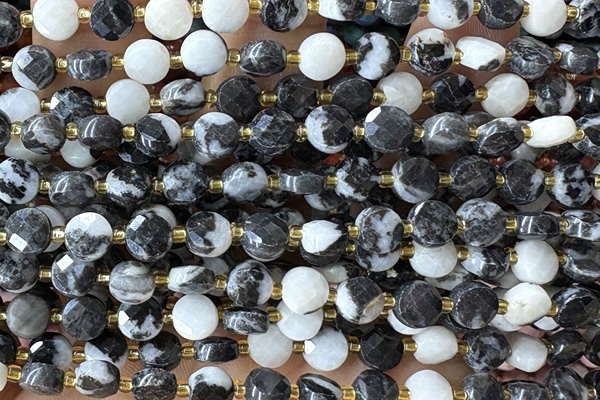 COIN196 15 inches 6mm faceted coin black & white jasper beads