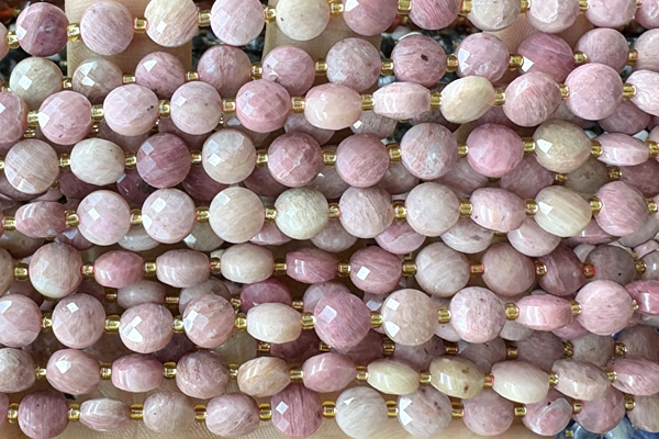 COIN198 15 inches 6mm faceted coin pink wooden jasper beads