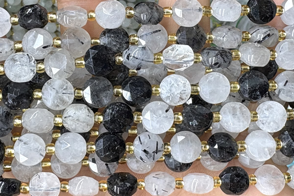 COIN231 15 inches 8mm faceted coin black rutilated quartz beads