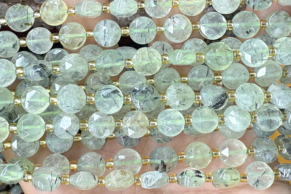 COIN233 15 inches 8mm faceted coin green rutilated quartz beads