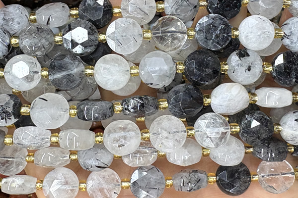 COIN279 15 inches 10mm faceted coin black rutilated quartz beads