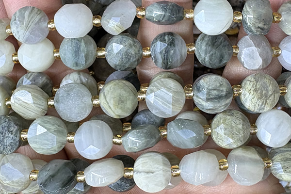 COIN283 15 inches 10mm faceted coin seaweed quartz gemstone beads