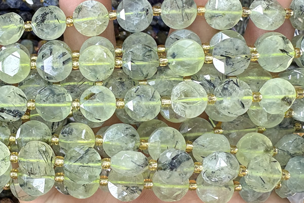 COIN300 15 inches 10mm faceted coin green rutilated quartz beads