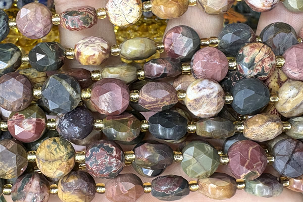 COIN303 15 inches 10mm faceted coin picasso picture jasper beads