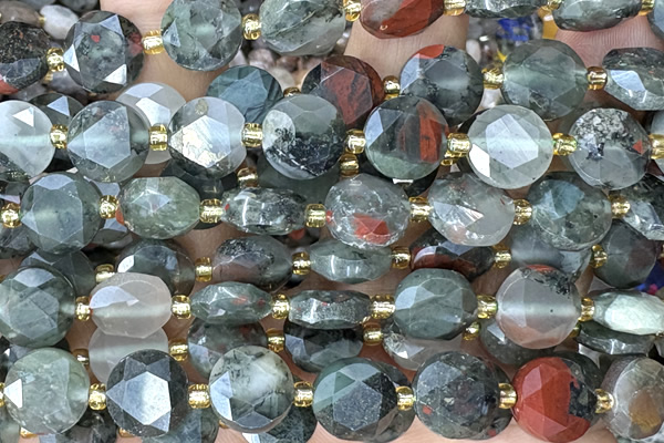 COIN314 15 inches 10mm faceted coin blood jasper beads