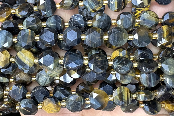 COIN316 15 inches 10mm faceted coin tiger eye beads