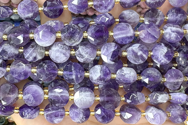 COIN318 15 inches 10mm faceted coin amethyst gemstone beads