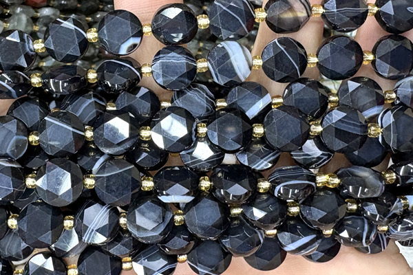 COIN320 15 inches 10mm faceted coin banded agate beads