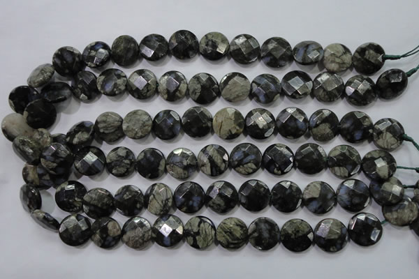 COP482 15.5 inches 15mm faceted coin natural grey opal beads