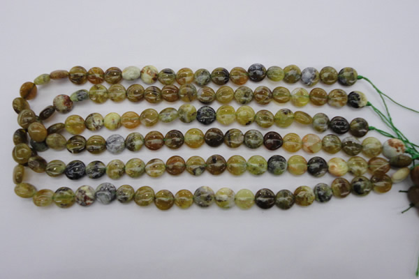 COP567 15.5 inches 10mm flat round natural yellow & green opal beads