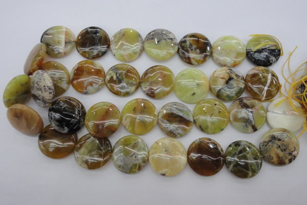 COP596 15.5 inches 25mm flat round natural yellow & green opal beads