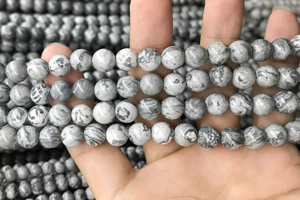CPJ582 15.5 inches 8mm round grey picture jasper beads wholesale