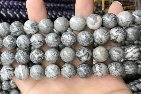 CPJ586 15.5 inches 16mm round grey picture jasper beads wholesale