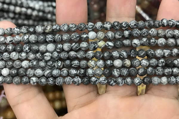 CPJ640 15.5 inches 4mm faceted round grey picture jasper beads