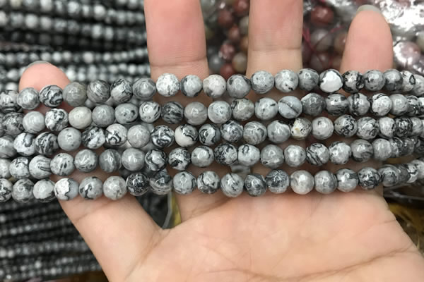 CPJ641 15.5 inches 6mm faceted round grey picture jasper beads