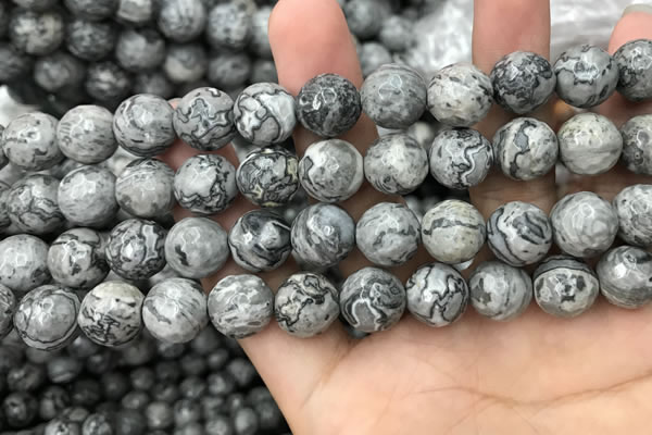 CPJ645 15.5 inches 14mm faceted round grey picture jasper beads