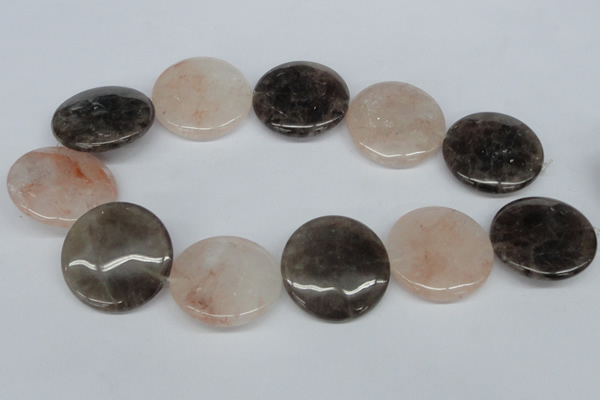 CPQ104 35mm flat round natural pink crystal & smoky quartz beads